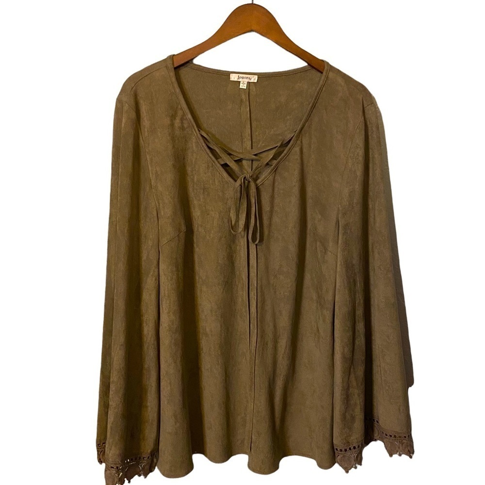 JODIFL SUEDED Lace Trimmed LS Tie Front Tunic Top In Taupe sz Large US Women